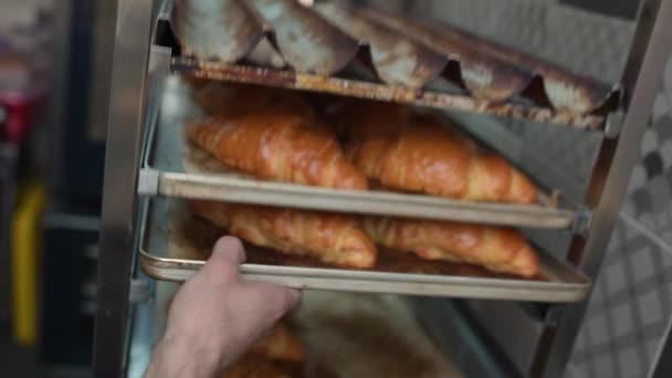 Пекари руки достает железный лист выпечки со свежими хлебобулочными изделиями — стоковое видео