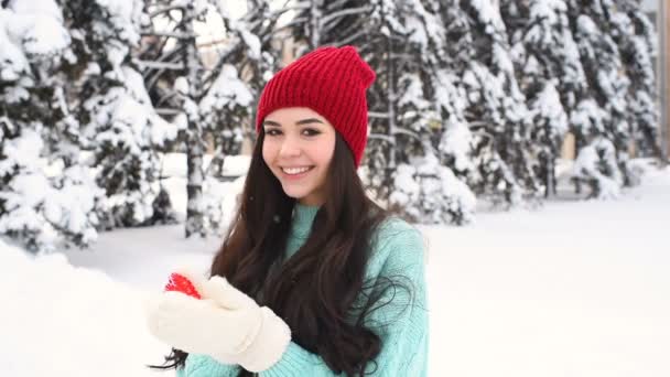 Joven chica bonita en un suéter azul cálido y manoplas en el fondo de los árboles cubiertos de nieve sosteniendo un corazón rojo y sonriendo — Vídeos de Stock