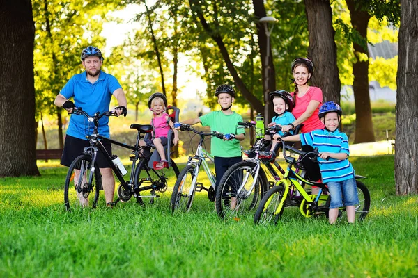 large family on bicycles in the Park against the background of greenery and trees.