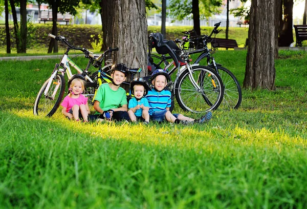 Grupo de niños pequeños en edad preescolar Cascos de seguridad de bicicletas sonríen sentados en la hierba verde fresca en el Parque contra el fondo de bicicletas y árboles . —  Fotos de Stock