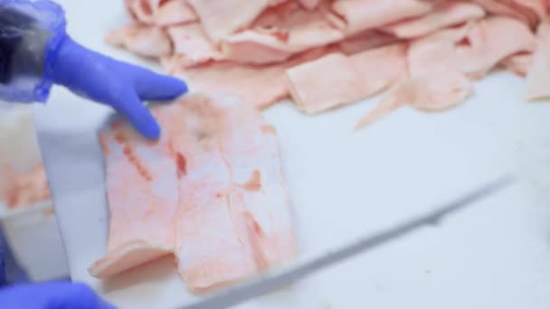 Bouchers de porc coupé à l'usine de transformation de la viande dans la boutique de découpe . — Video