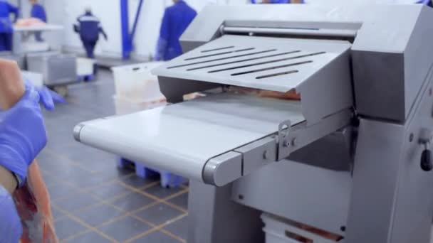 DONETSK, UKRAINE-DECEMBER 15,2018-employees of the meat processing plant shove unprocessed pieces of meat into a skinning machine. — Stock Video