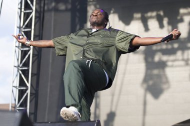 Chicago, IL/USA: 7/19/19: Pusha T (stylized Pusha-T) aka Terrence LeVarr Thornton performs at Pitchfork Music Festival. He's a  rapper, songwriter and record executive.