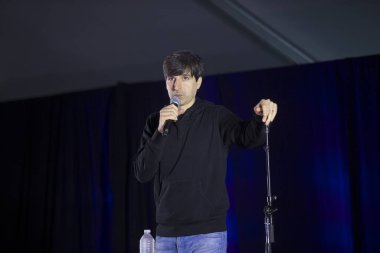 Mountain View, CA/USA: 6/24/17: Demetri Martin performs live stand up at ID10T Festival in Mountain View, CA.  He is an Emmy Award nominated comedian. He currently stars as Ice Bear in the Cartoon Network animated series We Bare Bears.