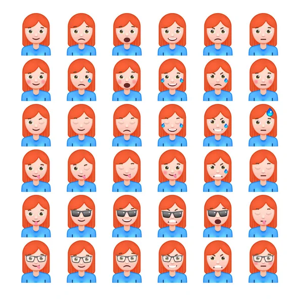 Készlet-ból vörös hajú nők hangulatjelek — Stock Vector