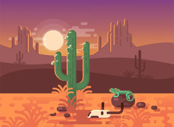 Landschaft mit Wüste, Kakteen, Totenköpfen und Echsen — Stockvektor
