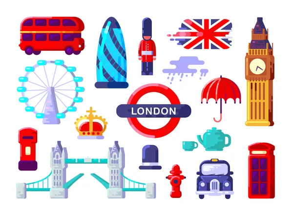런던 아이콘 설정합니다. 영국입니다. 얇은 평면 디자인 — 스톡 벡터