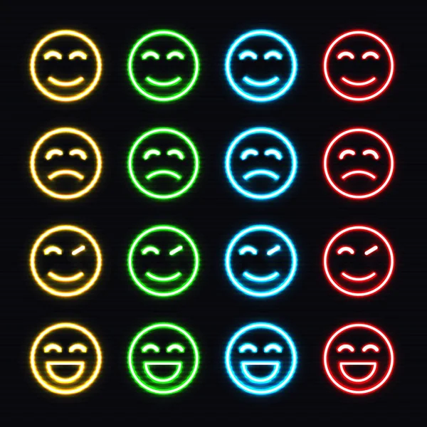 Conjunto de Emoticones de Neón. Set de Emojis de Neón — Vector de stock