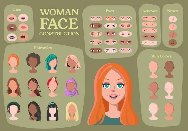Kadın karakter Oluşturucu. Hipster için ev kadını. Çizgi film kadın yüz parçalar oluşturma yedek parçalar. Karikatür tarzı yüzler. Vücut parçası. Vektör çizim