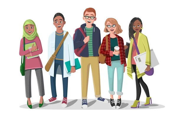 生徒に分離の白い背景の上の本の幸せなグループ 漫画のスタイルのベクトル図 — ストックベクタ