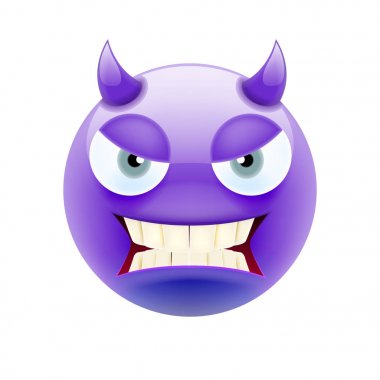 Gri gözleri ve diş kızgın şeytan ifade. Kızgın Emoji. Simge gülümse. Beyaz arka plan üzerinde izole vektör çizim