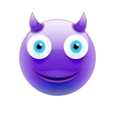 Mavi gözlü mutlu şeytan ifade. Mutlu şeytan Emojis. Simge gülümse. Beyaz arka plan üzerinde izole vektör çizim