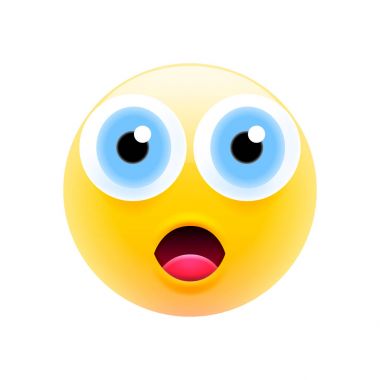 Şirin Emoji gözleri iri ve açık ağzı ile şaşırttı. Modern Emoji serisi. Beyaz zemin yüzündeki şaşkın ifadeyi