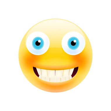 Dişleri olan mutlu gülümseme ifade. Gerçekçi Modern Emoji. Gülümseme simgesi. Beyaz arka plan üzerinde izole illüstrasyon