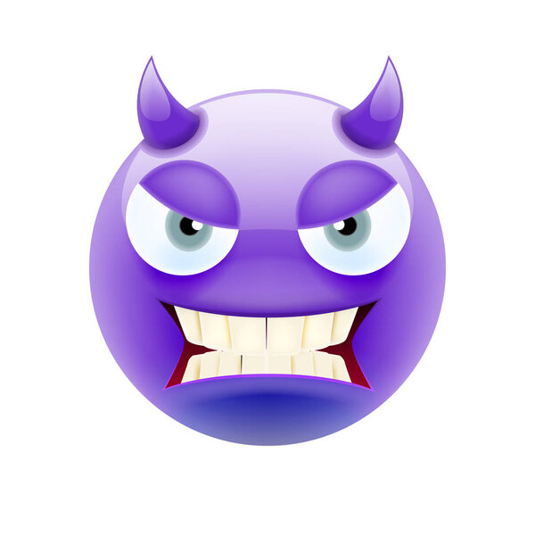 Злой дьявол Эмотикон с серыми глазами и зубами. Злая Эмодзи. Икона улыбки. Изолированная векторная иллюстрация на белом фоне
