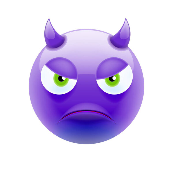 Злой Дьявольский Эмотикон с Зелеными Глазами. Злой Дьявол Эмодзи. Икона улыбки. Изолированная векторная иллюстрация на белом фоне
