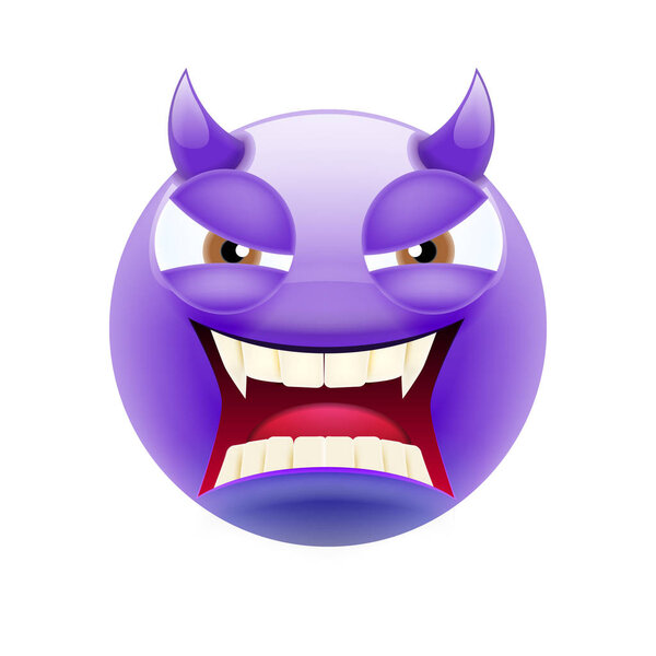 Злой дьявол с коричневым и открытым ртом. Злой Дьявол Эмодзи. Икона улыбки. Изолированная векторная иллюстрация на белом фоне
