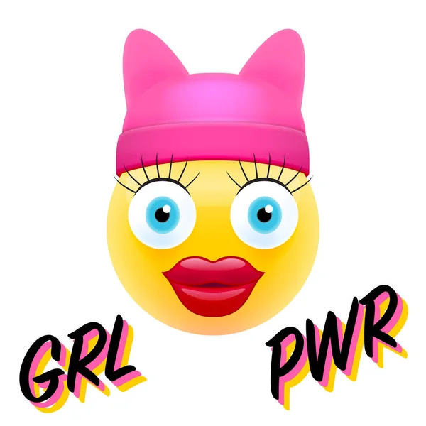 女孩力量概念 基于背景的彩色少女 Emoji 表情和粉红帽女权主义标语的矢量例证 — 图库矢量图片
