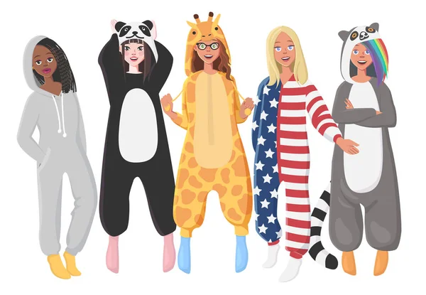 Frauen Einteiler Aus Plüsch Kapuzengiraffe Panda Amerikanische Flagge Lemur Onesies — Stockvektor