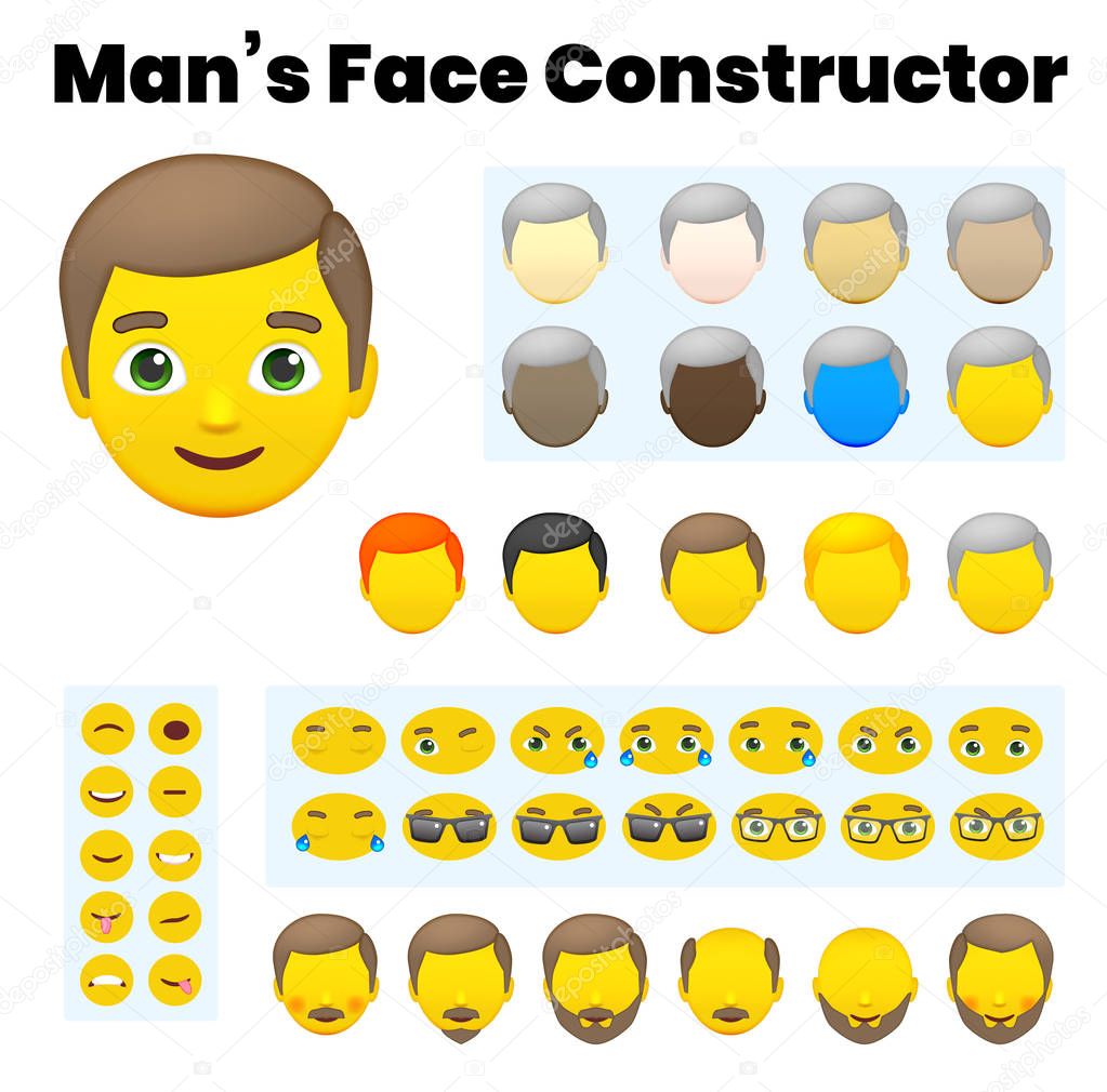 Man's Emoji Character Constructor. From Hipster to Grandfather. Cartoon Man's Face Parts, Creation Spare Parts. Emoji Style Faces. Vector Illustration