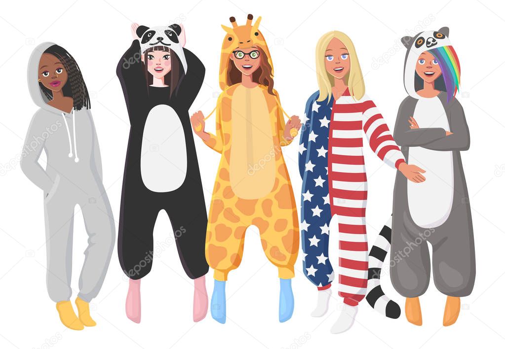 Women's Plush One-Piece Pajamas. Hooded Onesie Giraffe, Panda, American Flag, Lemur. Onesies for Women. Girls in Pajamas, Nightwear, Loungewear.