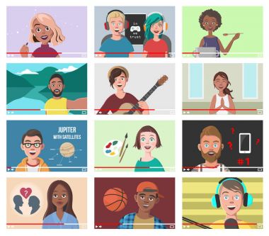 Internet videoları farklı insanlar kümesi. Güzellik Blogger. Oyun düşkünleri. Yoga Blogger. Pişirme Blog. Müzik kapsar. Vlog seyahat. Bilim Nerdy Vlog. Sanatçı öğreticiler Vlog. Vektör çizim.