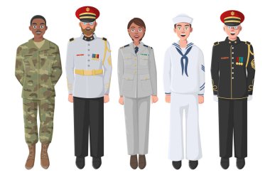 Beş Amerikan askeri üniformalı. Anma Günü, Gaziler günü, Bağımsızlık günü etkinlikler için kullanılabilir. Poster, afiş, Web sitesi için malzeme.