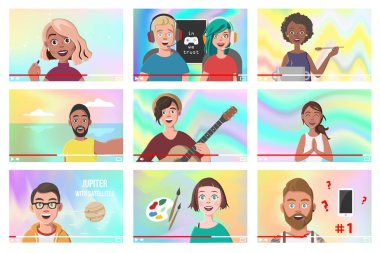 Internet videoları farklı insanlar kümesi. Güzellik Blogger. Oyun düşkünleri. Yoga Blogger. Pişirme Blog. Müzik kapsar. Vlog seyahat. Bilim Nerdy Vlog. Sanatçı öğreticiler Vlog. Vektör çizim.