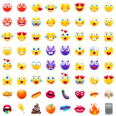 Modern Emojis, Emoticons gerçekçi vektör çizim sembolleri büyük kümesi. Sarı ifadelerde tüm dünya duygular. Mutlu, üzgün, kızgın, istekli, sürpriz, şok, ağlama, aşık ve karışık suratlar