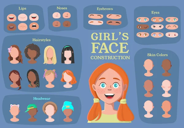 女孩的角色构造函数 从学生到时髦 卡通女孩脸零件创建备件 卡通风格的面孔 身体部分 矢量插图 — 图库矢量图片