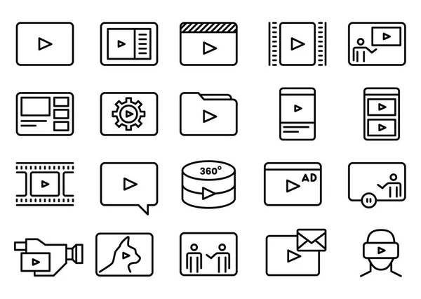 Set Van Eenvoudige Video Inhoud Gerelateerde Lijnwerk Vector Icons Bestaan — Stockvector