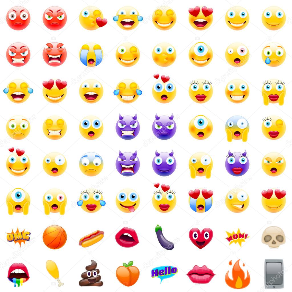 Big Set of Modern Emojis, Emoticons Realistic Vector Illustration Symbols. All World Emotions in Yellow Expressions. Happy, Sad, Angry, Eager, Surprised, Shocked, Crying, in Love and Confused Smileys