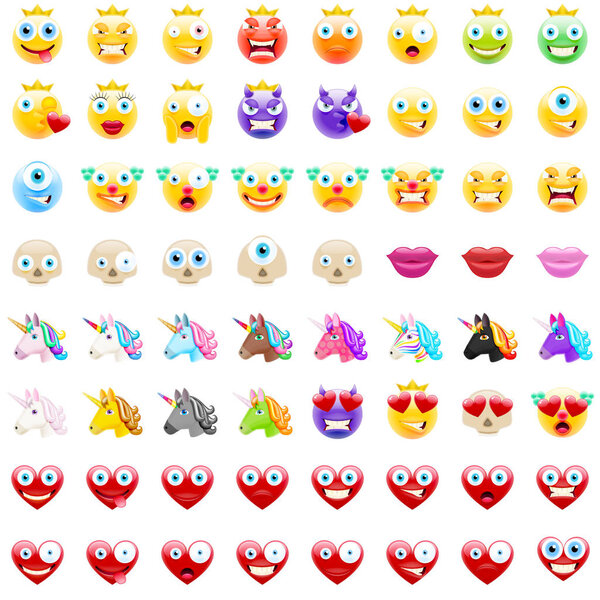 Ultimate Set of Modern Emojis, Emoticons Realistic Vector Illustration Symbols. Variety of Emotions. Clowns, Cyclops, Devils, Lips, Skulls, Unicorns, Hearts, Crown on Smileys