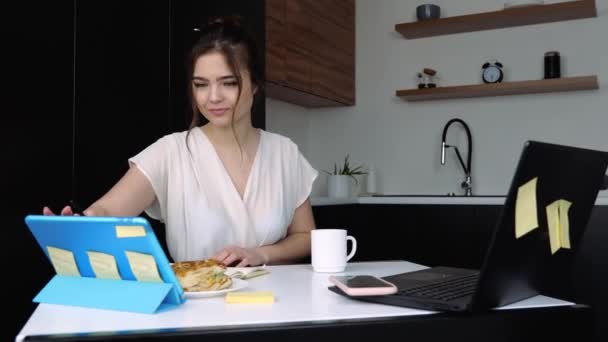 Jonge vrouw in de keuken tijdens quarantaine. Afstandsbediening met tablet en laptop. Sandwich met een kop drank op tafel. Werken vanuit huis. Studeren of leren. — Stockvideo