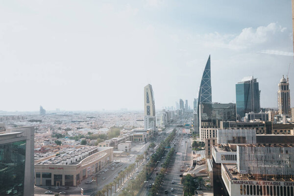 Skyline view at Riyadh in direction of King Abdullah Financial District fin foggy cloudy day