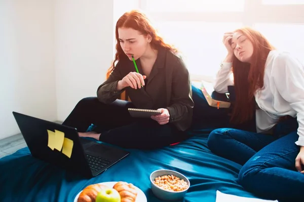 Um estudante está trabalhando cuidadosamente com um laptop, e a segunda jovem adormeceu. Dois estudantes ruivos estudam em casa ou em um dormitório estudantil. Estão preparados para os exames. — Fotografia de Stock