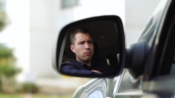 Young man inside car. Start caughing and beating his own chest. Hard to breathe with strong caughing. Sick ill person in car. — Stock Video