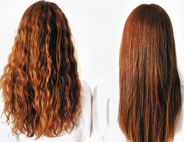 Two red-haired sisters stand isolated on a white background in spacious oversized shirts. Close-up of red hair. One girl has straight hair and the second curly curls.