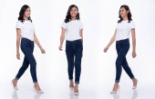 Full Length Snap Figure, Asian Woman wear casual white shirt blu