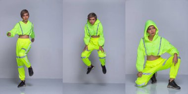 360 tam boy Snap Figure, Asyalı Kadın Yeşil Neon yansıması takıyor