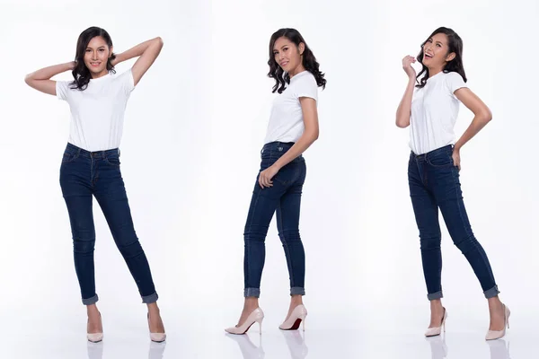 Full Length Snap Figure, Asian Woman wear casual white shirt blu — Stock Photo, Image