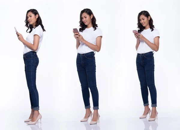 Полная длина Snap Figure, Asian Woman wear casual white shirt blu — стоковое фото