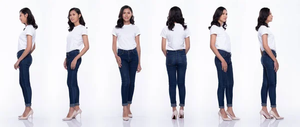 360 volledige lengte snap figuur, aziatische vrouw dragen casual wit shirt — Stockfoto