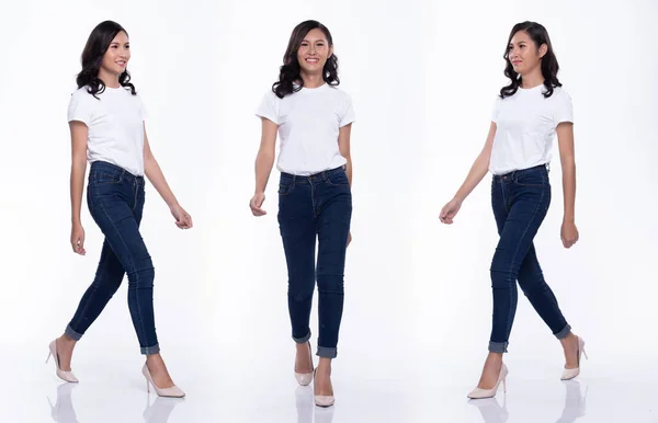 Full Length Snap Figure, mulher asiática usar camisa branca casual blu — Fotografia de Stock