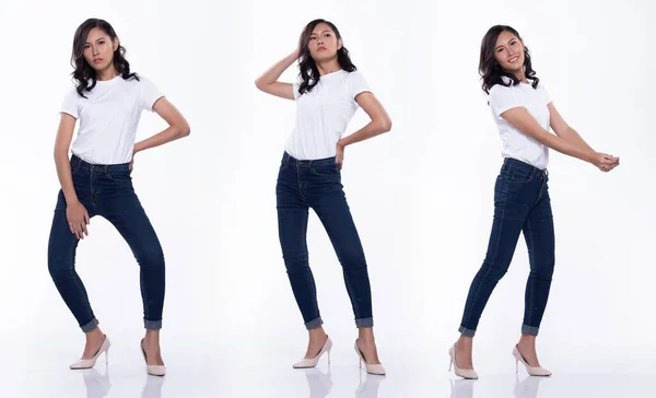 Полная длина Snap Figure, Asian Woman wear casual white shirt blu — стоковое фото
