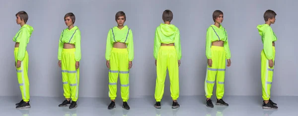 360 volle Länge Snap Figur, asiatische Frau tragen grüne Neon reflektieren — Stockfoto