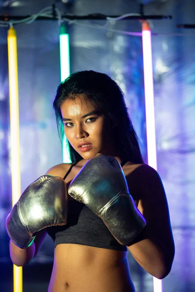 Beautiful Asian Woman Training Punching Silver Gold Mitts Gloves Office — Stock Photo, Image