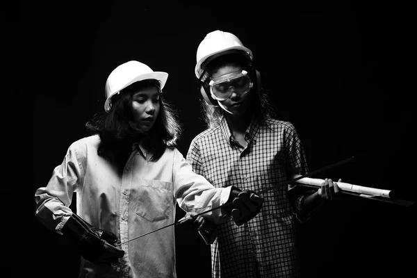 Two Beautiful Asian Architect Engineer Women Hard Hat Protector Glasses — Stock fotografie