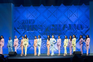 Bangkok, Thailand - May 24, 2019 ; Miss Grand Bangkok 2019, Group show Contestants Final round of Miss Beauty Pageant contest in Smart working woman suit at Convention Hall, The Mall Bangkae