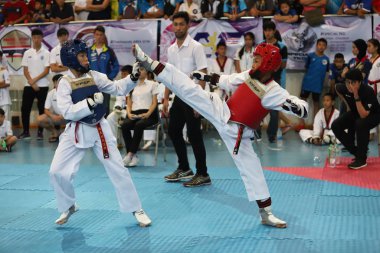 Bangkok, Tayland - 1 Temmuz 2018: Birçok ülkeden tekvando sporcusu, 4. Kahramanlar Tekvando Uluslararası Şampiyonası 'nın maçında Au Stadyumu' nda birlikte mücadele ediyor.